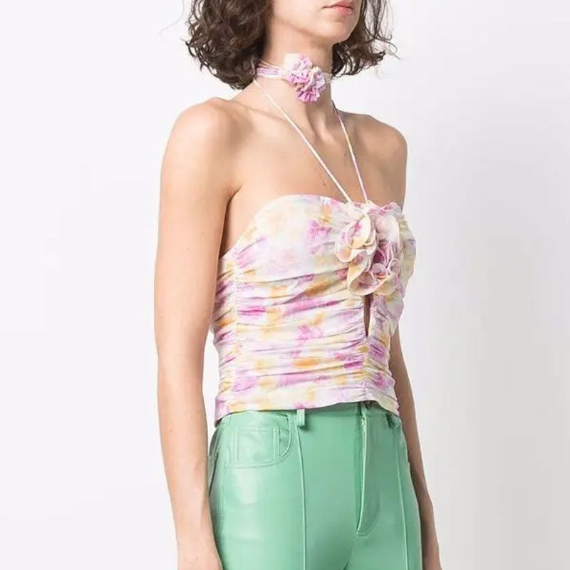 Floral Appliqu Drawstring Choker Cutout Detail Ruched Halter Crop Top - Pink