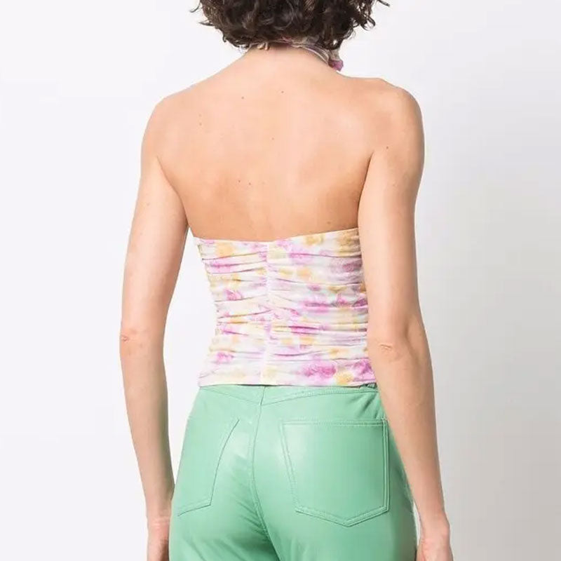 Rosette Floral Appliqué Drawstring Choker Cutout Detail Ruched Halter Crop Top - Pink - Fashionpara