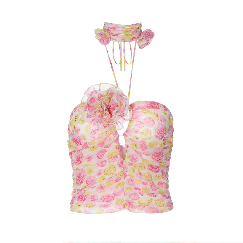 Rosette Floral Appliqué Drawstring Choker Cutout Detail Ruched Halter Crop Top - Pink - Fashionpara