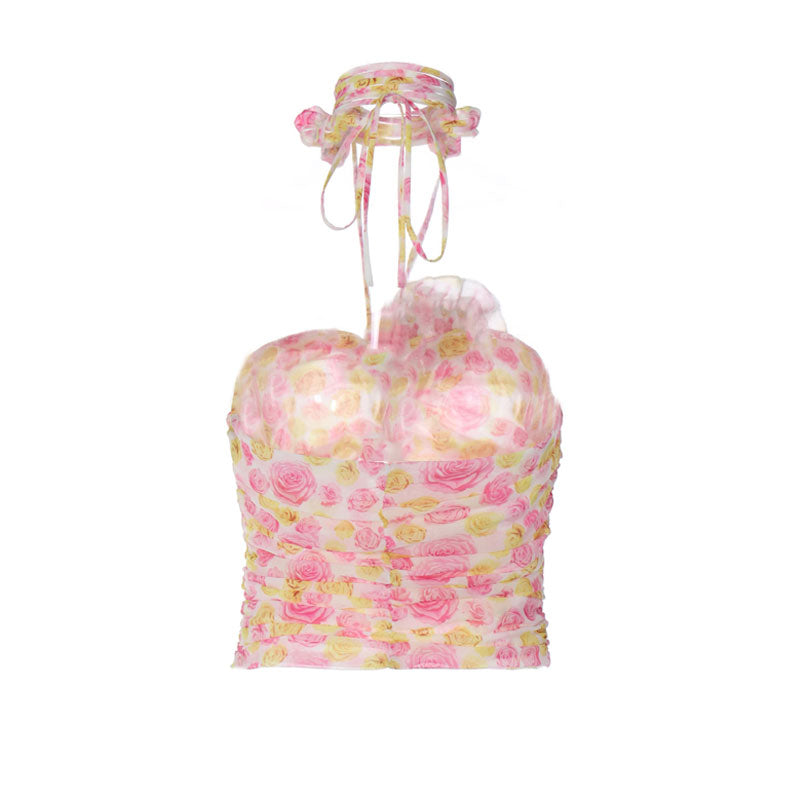 Rosette Floral Appliqué Drawstring Choker Cutout Detail Ruched Halter Crop Top - Pink - Fashionpara