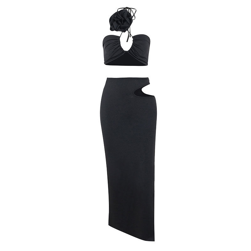 Rosette Floral Appliqué Halter Crop Top Cutout Split Midi Skirt Matching Set - Black - Fashionpara