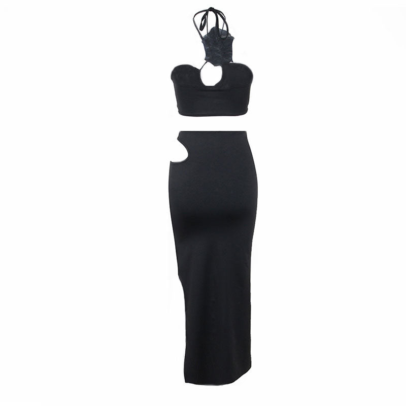 Rosette Floral Appliqué Halter Crop Top Cutout Split Midi Skirt Matching Set - Black - Fashionpara