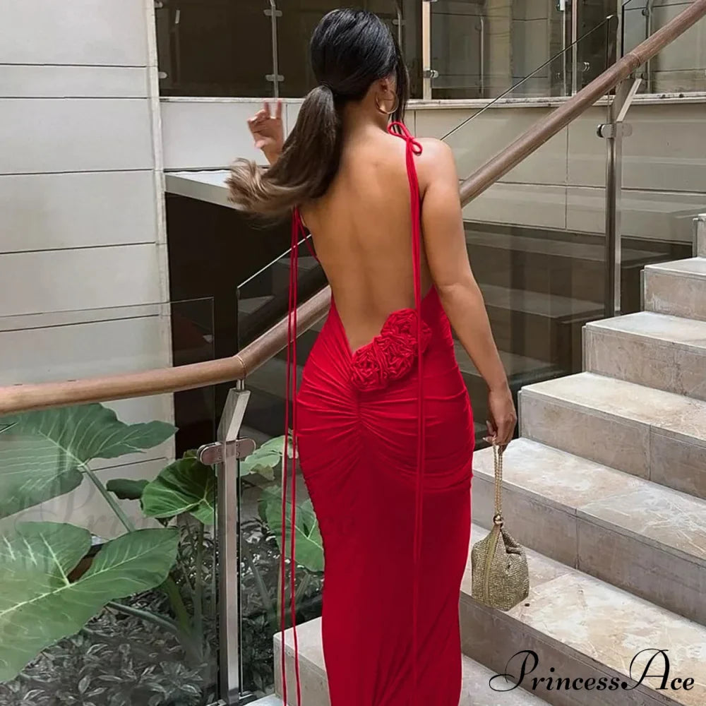Floral-applique Backless Maxi Christmas Party Dress