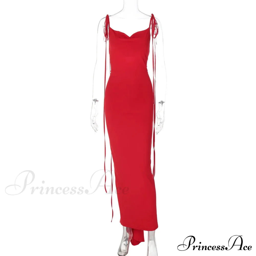 Floral-Applique Backless Maxi Christmas Party Dress Red / S Dresses-L