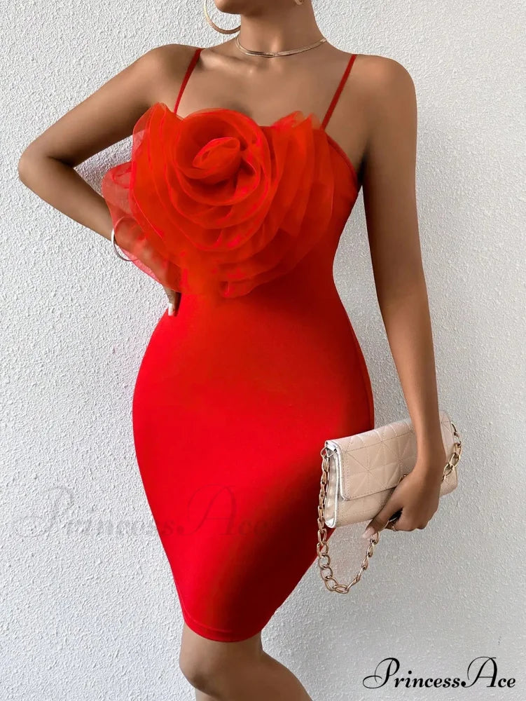 Floral Cami Braces Backless Red Christmas Party Dress / S Dresses-L