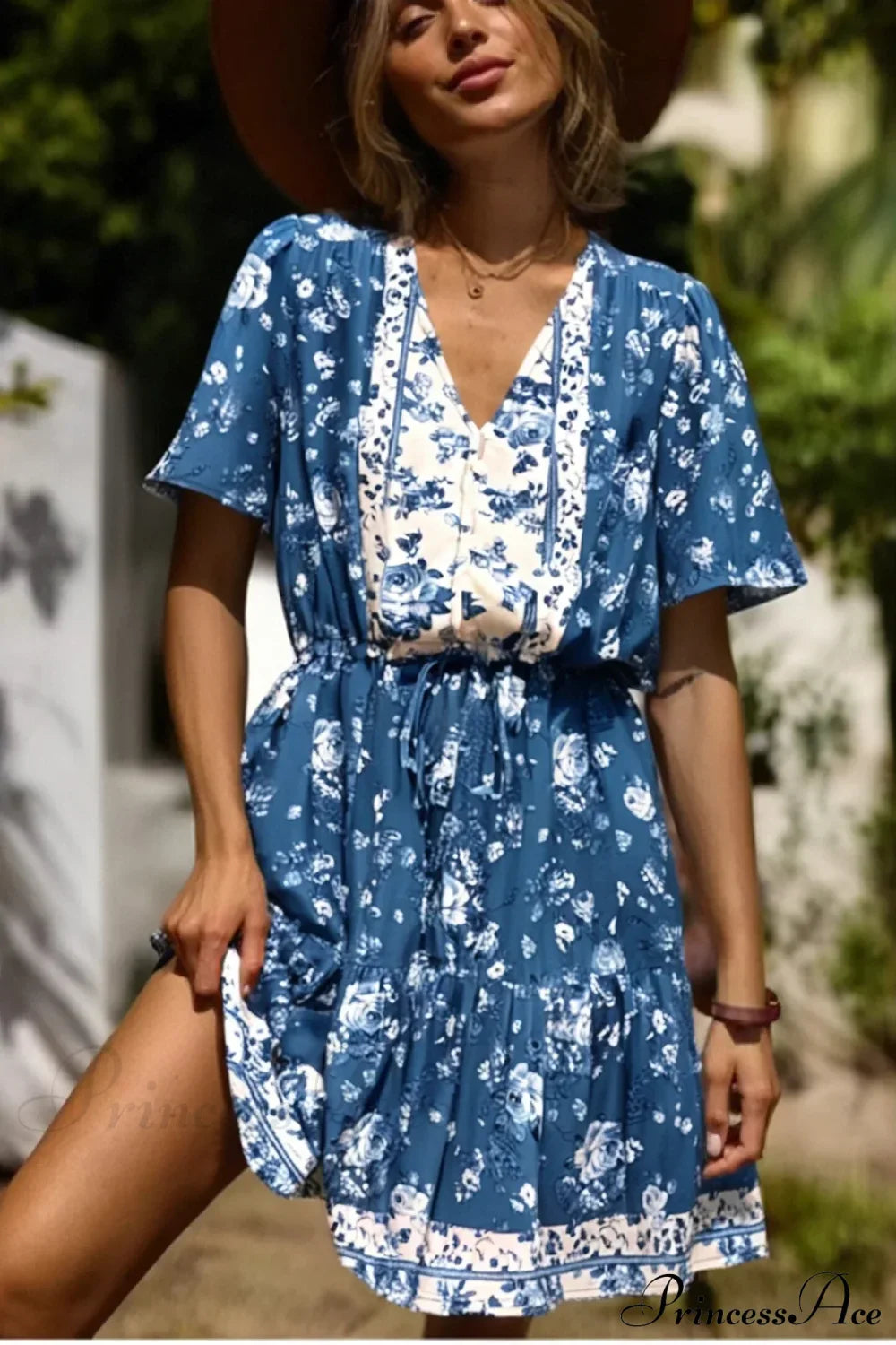 Floral Deep V-neck Tassel Short Sleeve Rayon Vacation Mini Boho Dress Blue / S bohodress-250126