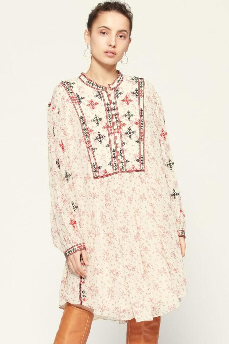 Floral Print Embroidered Band Collar Long Sleeve Boho Midi Dress