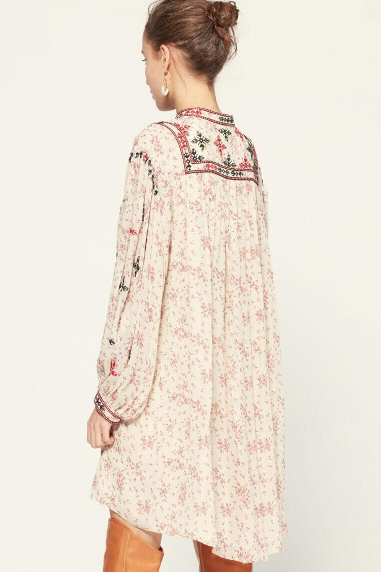 Floral Print Embroidered Band Collar Long Sleeve Boho Midi Dress 2