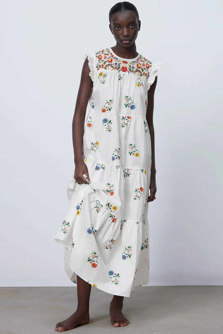 Floral Embroidered Ruffle Tiered Summer Midi Sundress - White