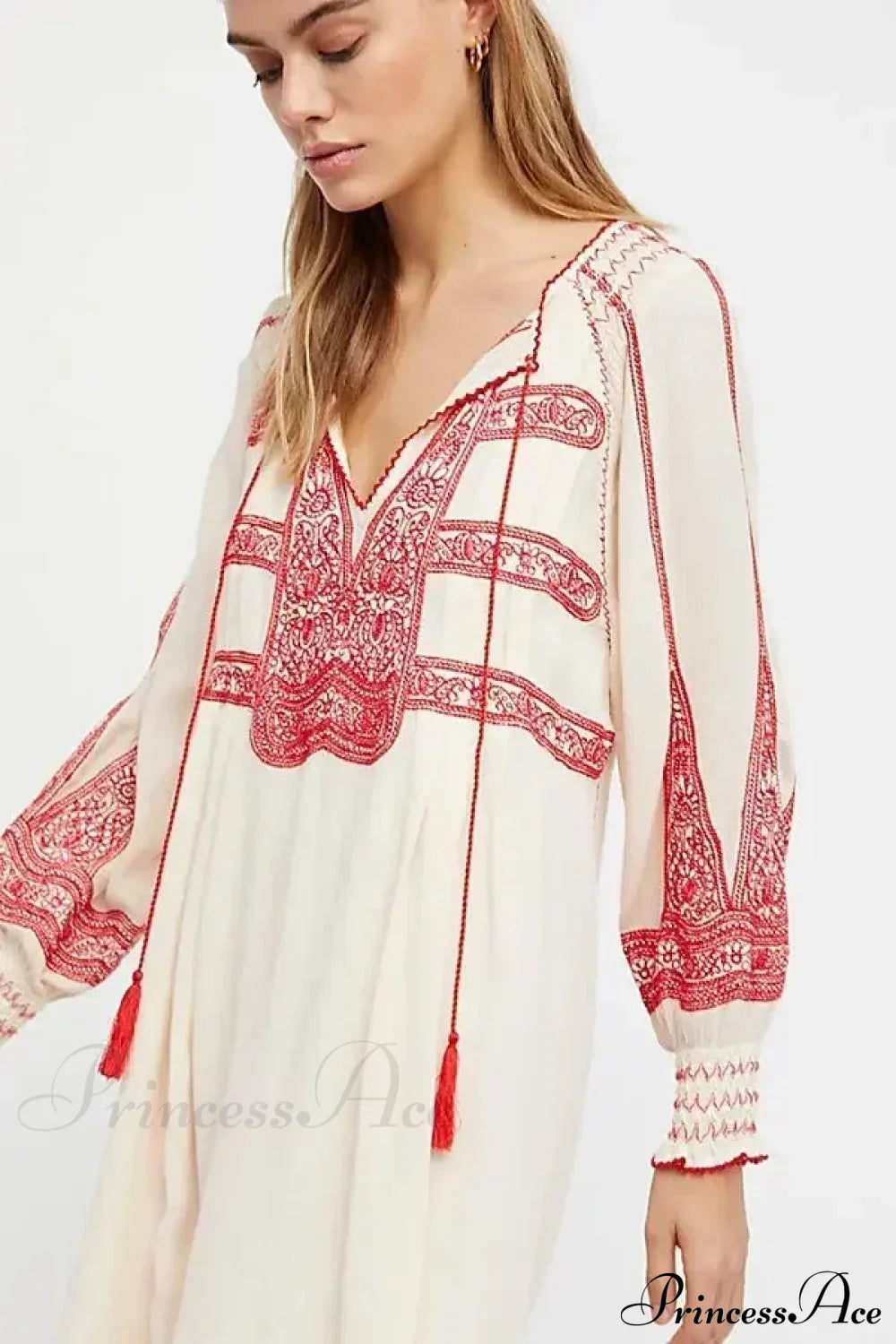 Floral Embroidered Tassel Oversized Cotton Boho Dress Beige / S bohodress-250126
