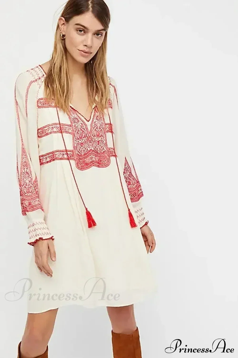 Floral Embroidered Tassel Oversized Cotton Boho Dress