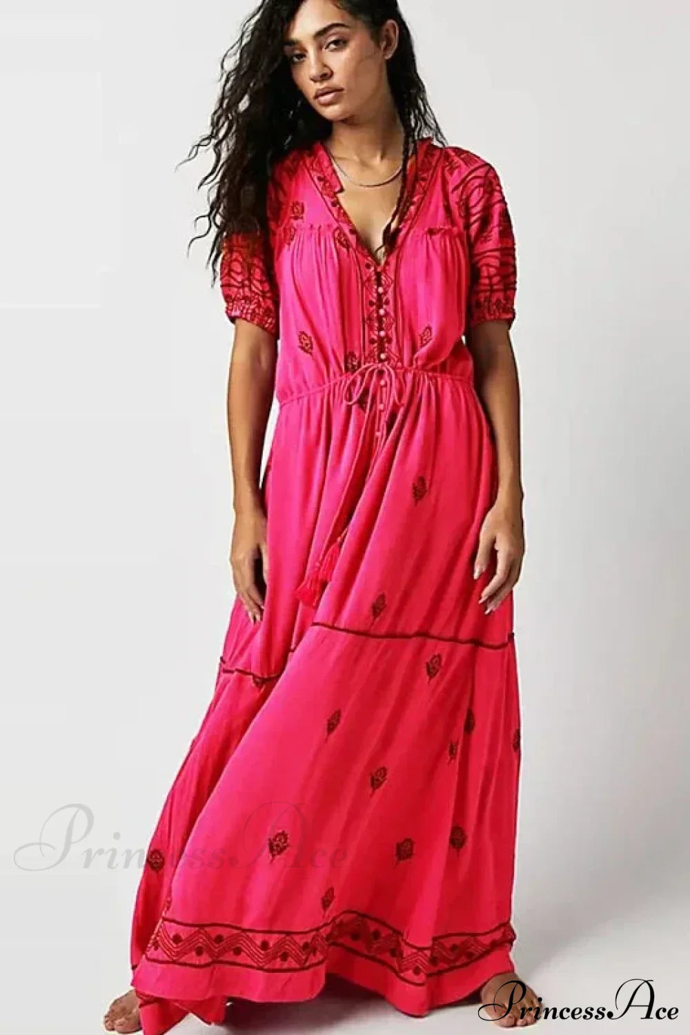 Floral Embroidery Cotton Boho Dress Rose red / S bohodress-250126