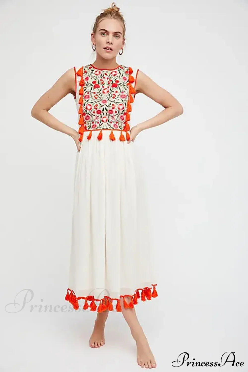 Floral Embroidery Sleeveless Tassel Cotton Boho Dress Beige / S bohodress-250126