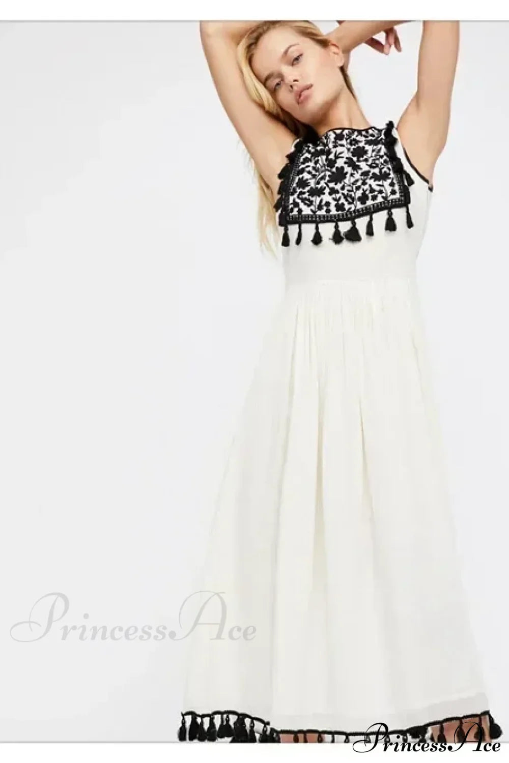 Floral Embroidery Sleeveless Tassel Cotton Boho Dress Black / S bohodress-250126