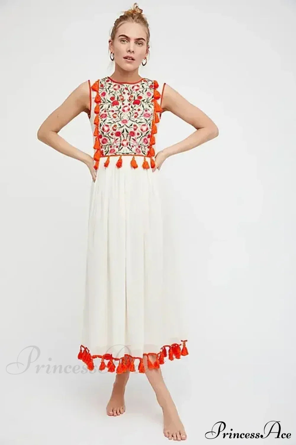 Floral Embroidery Sleeveless Tassel Cotton Boho Dress