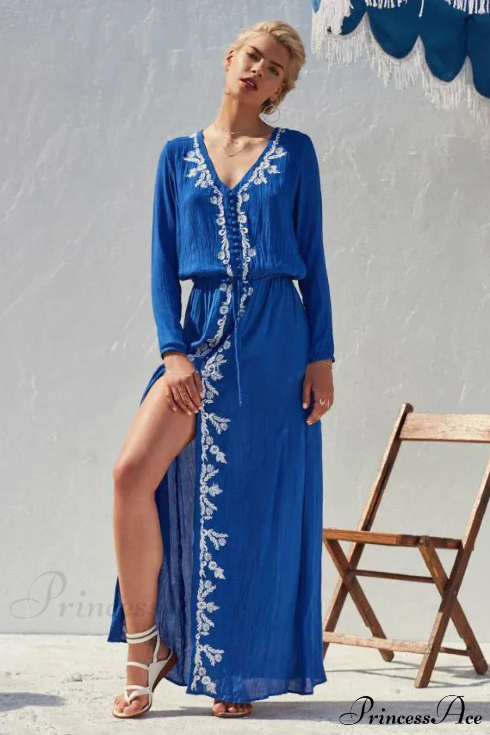 Floral Embroidery Stretch Waist Holiday Maxi Boho Dress Blue / S bohodress-250126