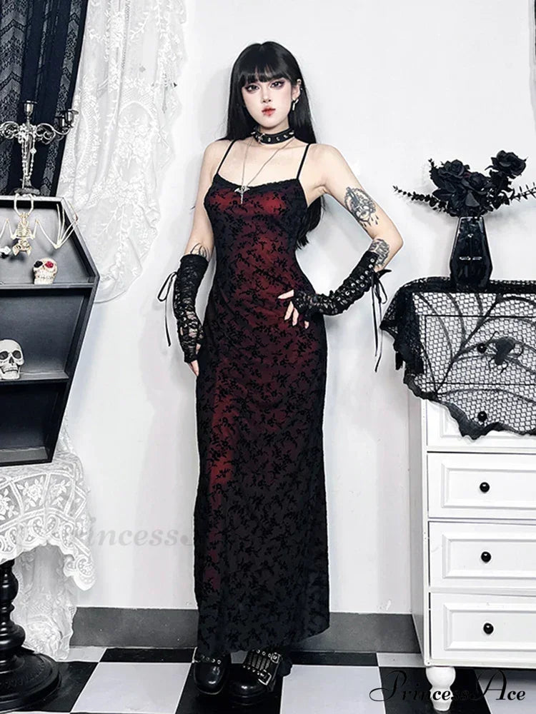 Floral Flocking Sleeveless Lolita Fairy Vintage Witchy Camisole Grunge Harajuku Dress Claret / S