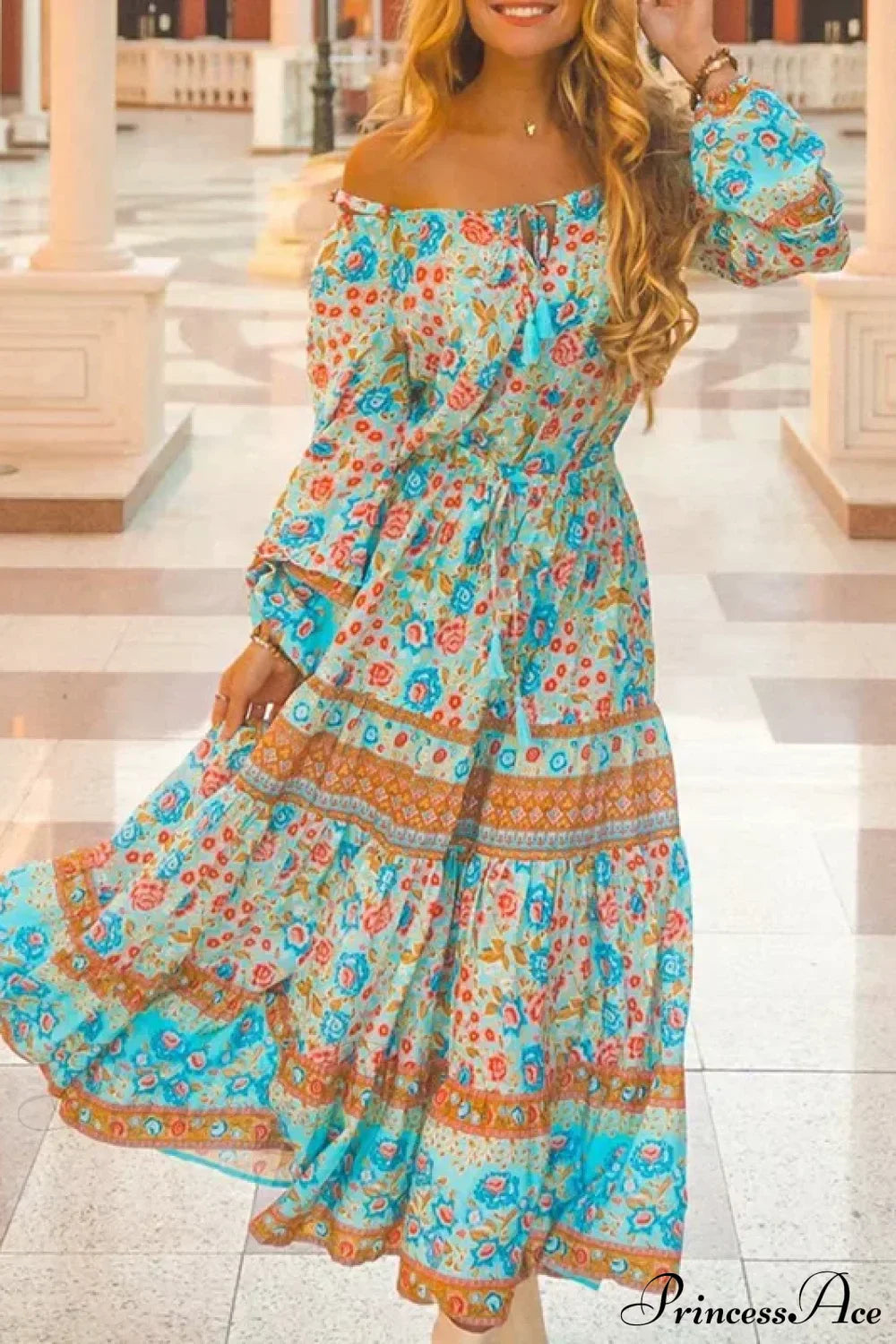 Floral Long Sleeve Belt Tassel Off Shoulder Boho Dress Blue / S bohodress-250126
