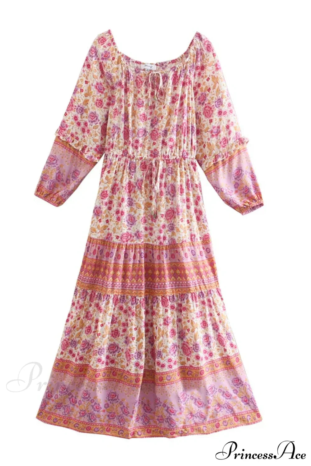 Floral Long Sleeve Belt Tassel Off Shoulder Boho Dress Pink / S bohodress-250126