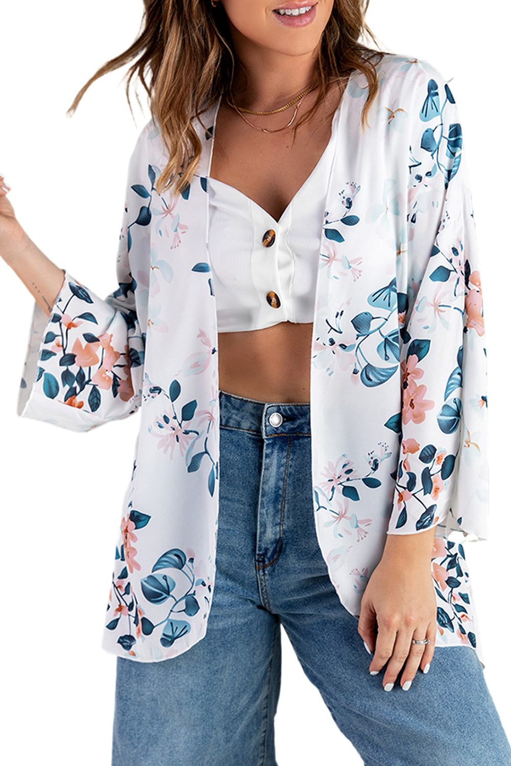 Floral Print 3/4 Sleeve High Low Open Front Kimono  Fashionpara