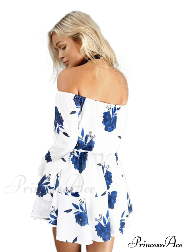 Floral Print Backless Summer Dress S / Blue Party Dresses-L