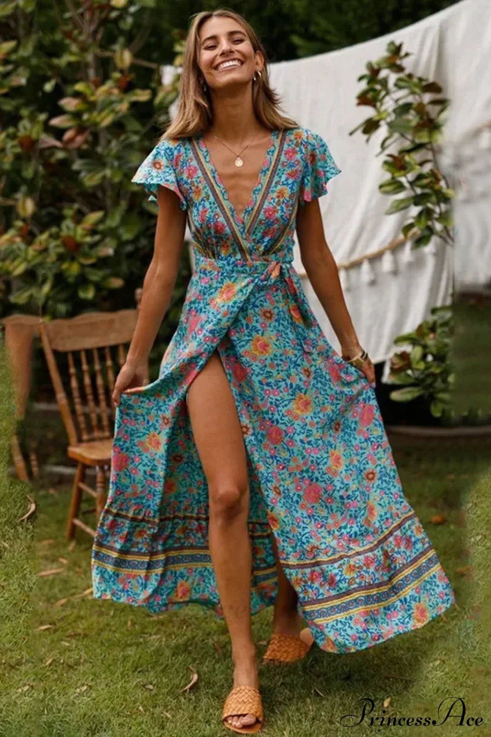 Floral Print Bat Sleeve Sashes Wrap Maxi Boho Cover-ups Green / S bohodress-250126