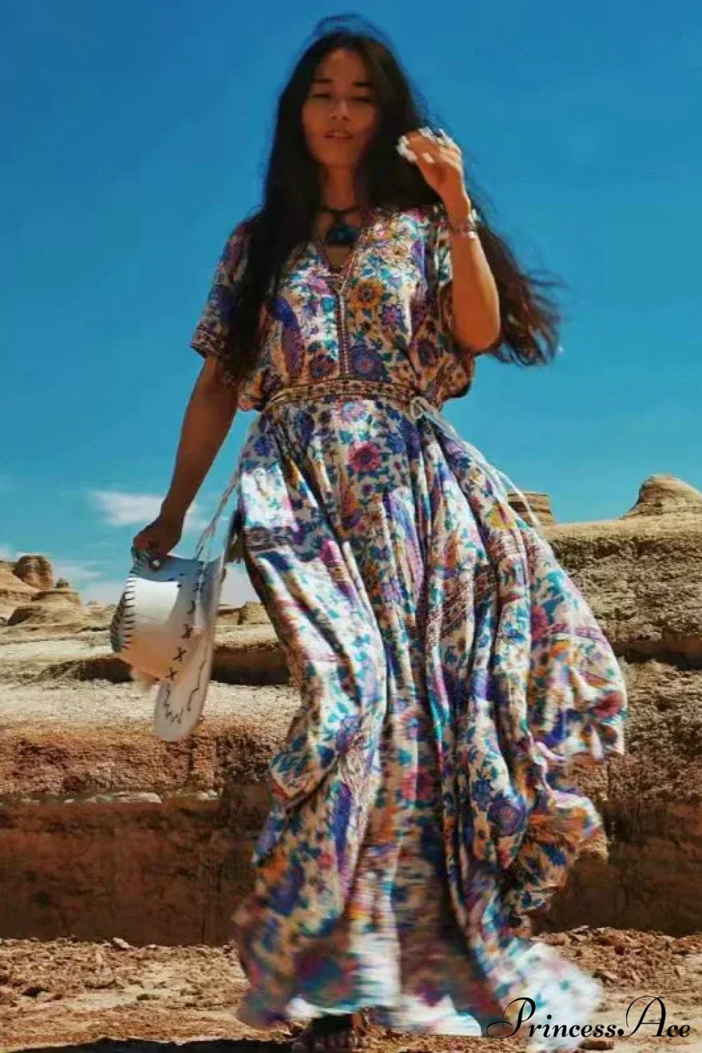 Floral Print Bat Sleeve V-neck Tassel Maxi Rayon Boho Dress