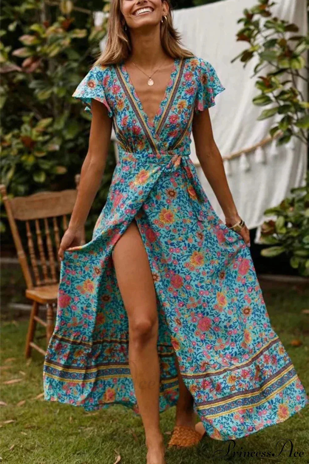 Floral Print Bat Sleeve Wrap V-neck Maxi Boho Dress
