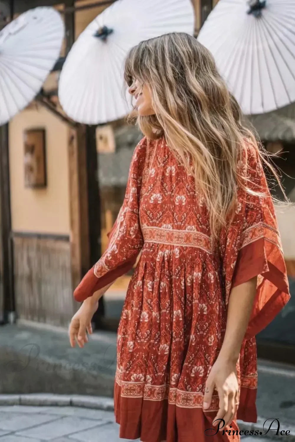 Floral Print Batwing Sleeve O-neck Summer Boho Dress Red / S bohodress-250126