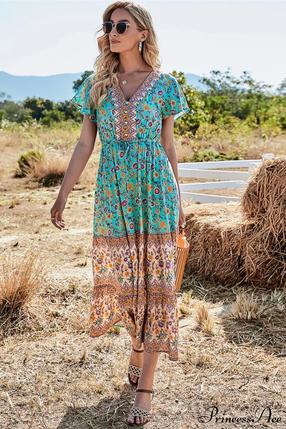 Floral Print Button V-neck Pleated Rayon Beach Maxi Boho Dress GREEN / S bohodress-250126