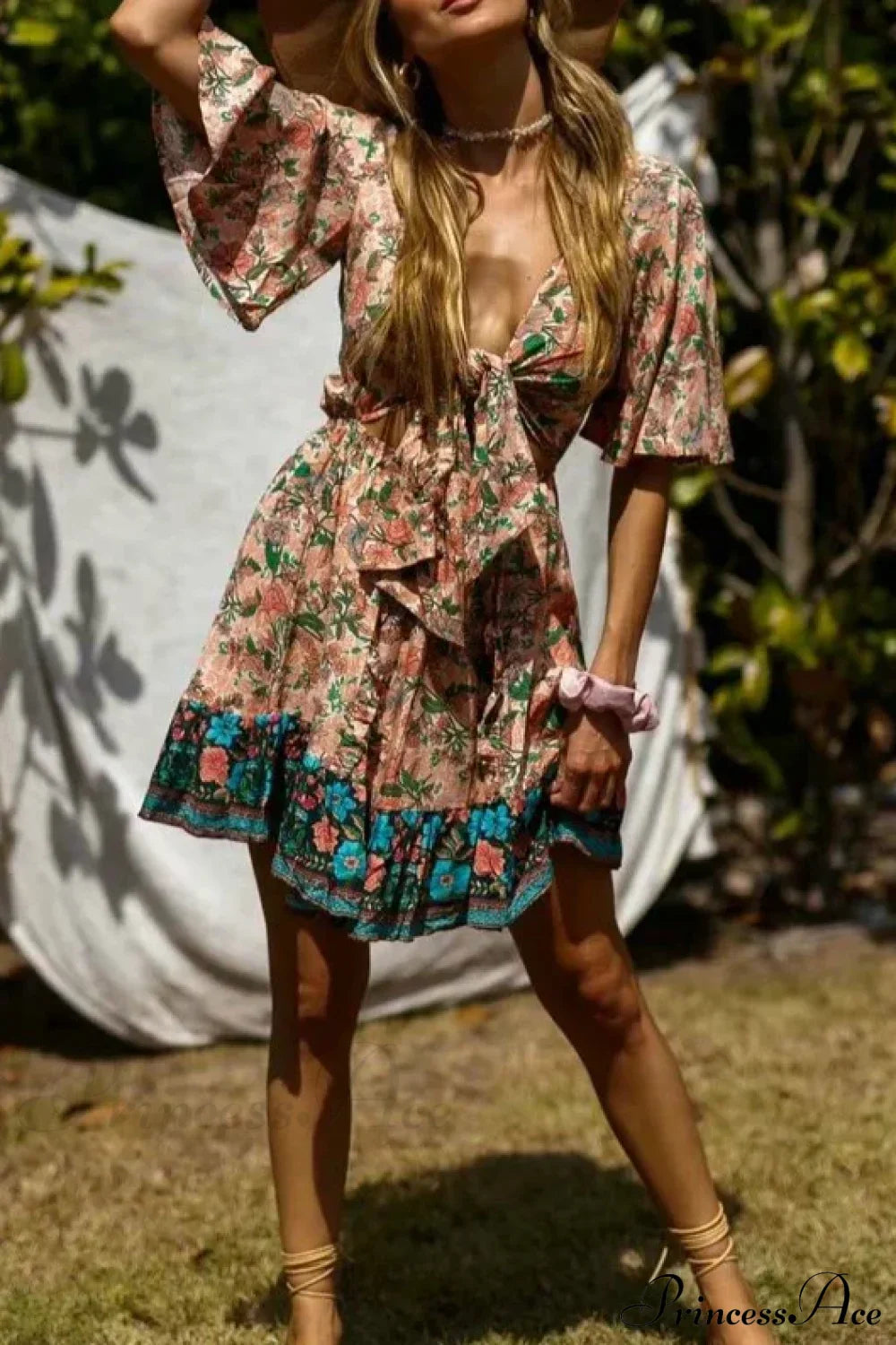 Floral Print Deep V-neck Sashes Batwing Sleeve Bow Mini Boho Dress as picture / S bohodress-250126