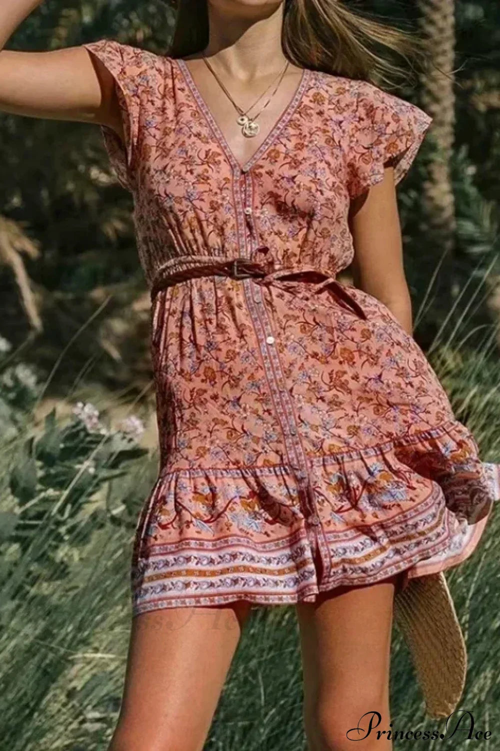Floral Print Deep V-neck Short Sleeve Vacation Mini Boho Dress Pink / S bohodress-250126