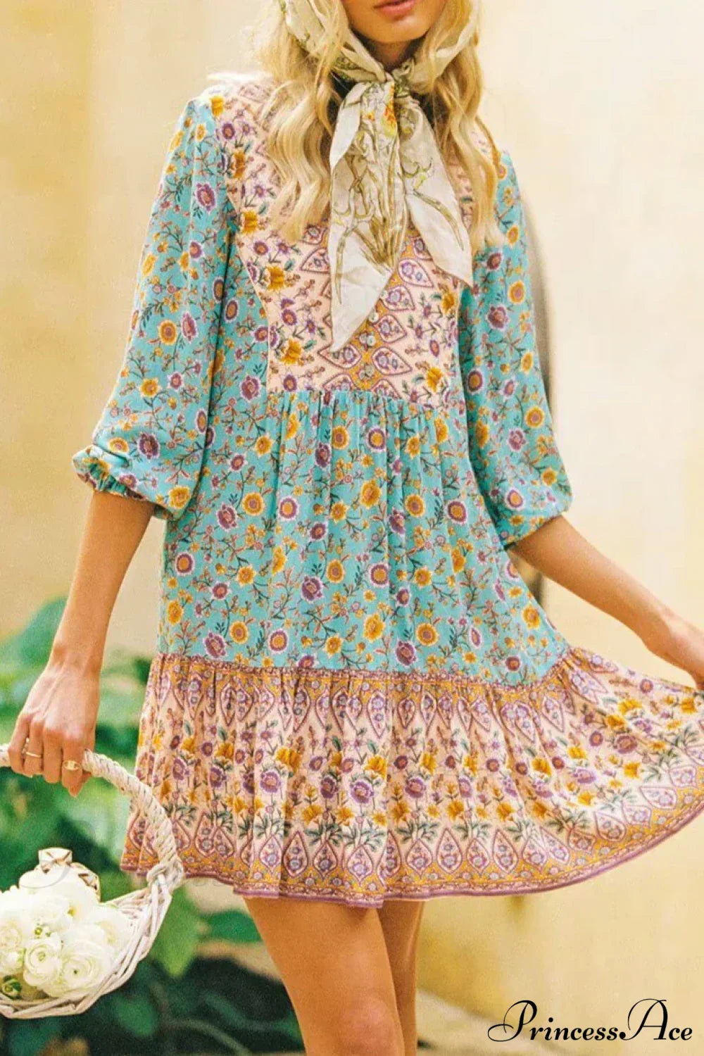 Floral Print Deep V-neck Three Quarter Sleeve Vacation Mini Boho Dress blue / S bohodress-250126