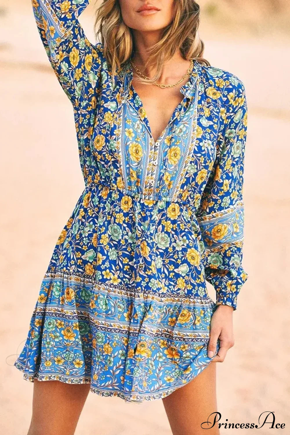 Floral Print Ethnic Long Sleeve V-neck Button Belt Ruffles Mini Boho Dress Blue / S bohodress-250126