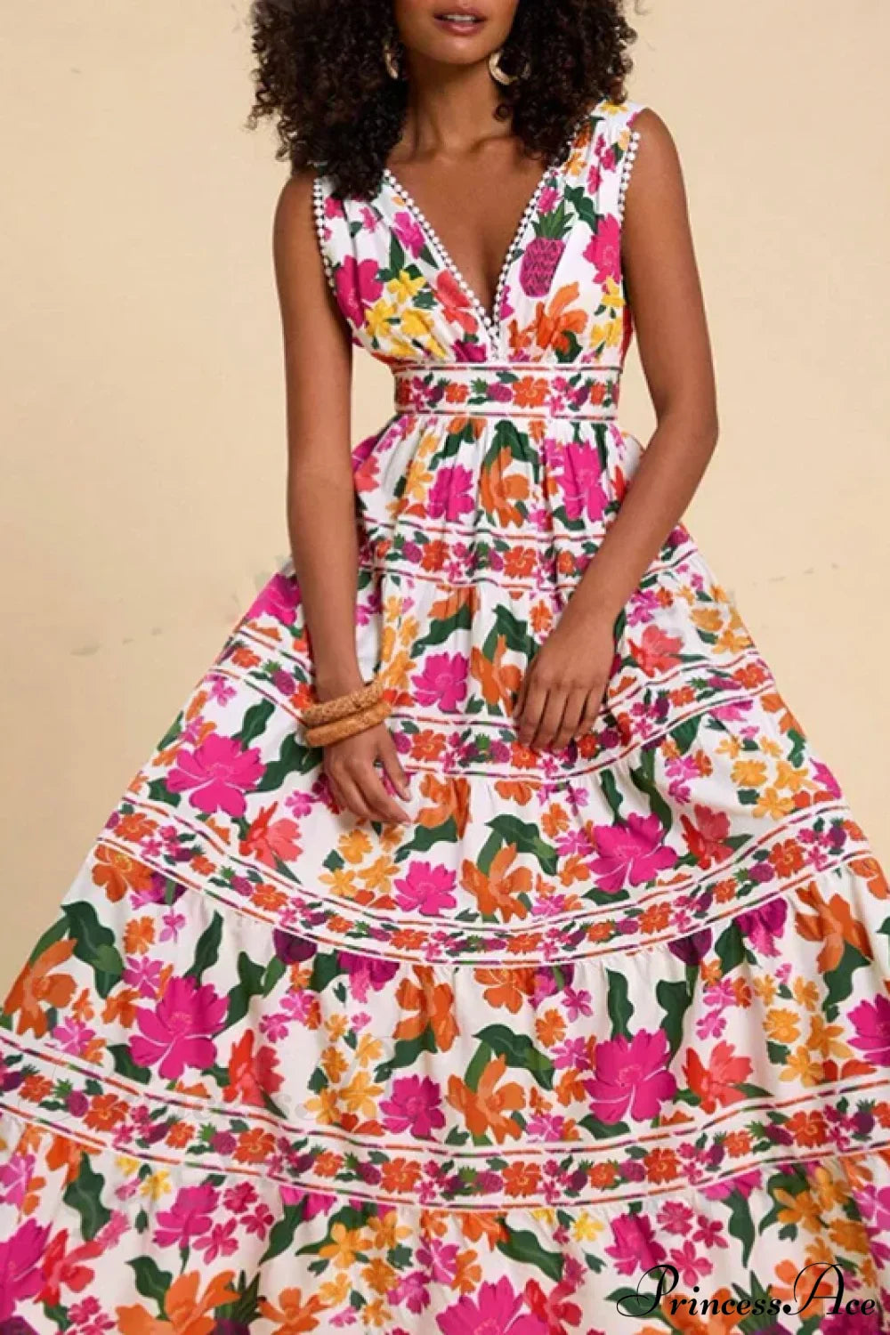 Floral Print High Waist Bohemian Beach Dress