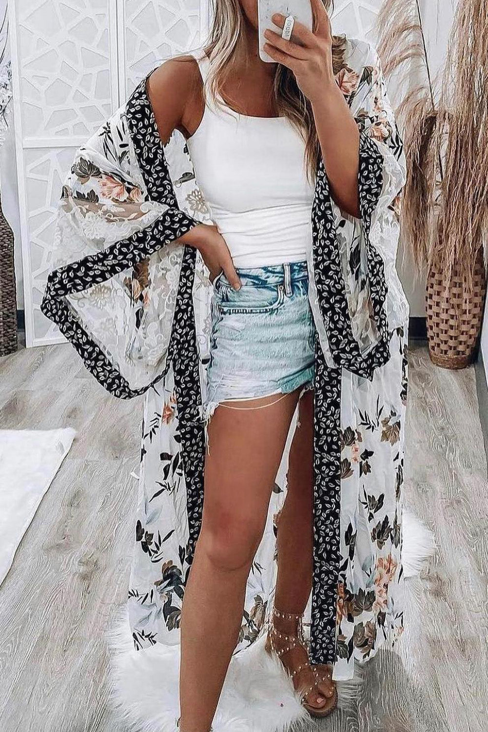 Floral Print Lace Patchwork Batwing Sleeve Duster Kimono Fashionpara