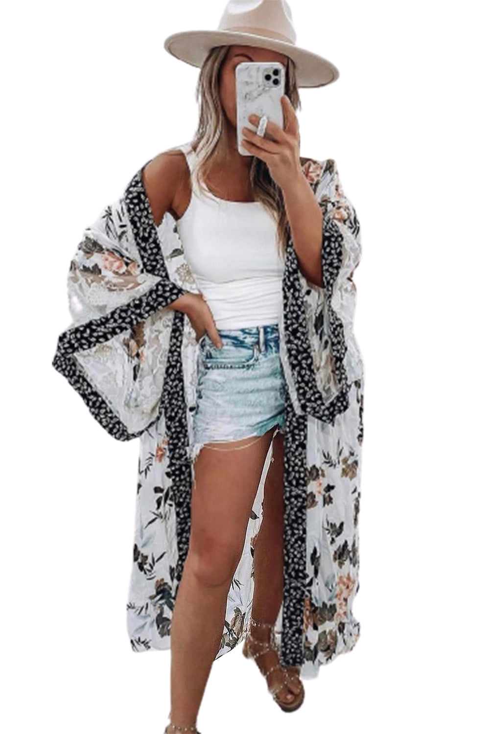 Floral Print Lace Patchwork Batwing Sleeve Duster Kimono Fashionpara