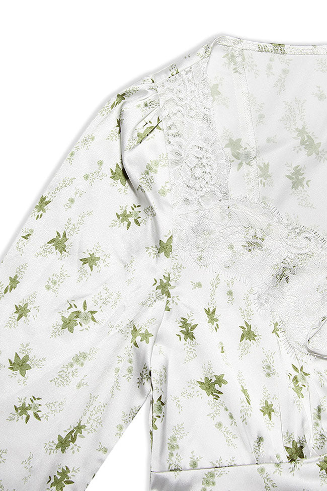 Floral Print Lace Trim Satin Top Mini Skirt Two Piece Dress - Green - Fashionpara