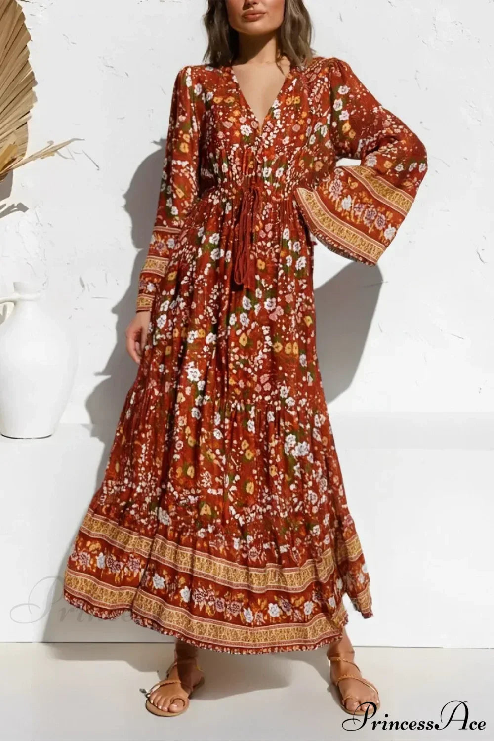 Floral Print Long Sleeve Tassel Deep V-neck Beach Boho Dress orange / S bohodress-250126