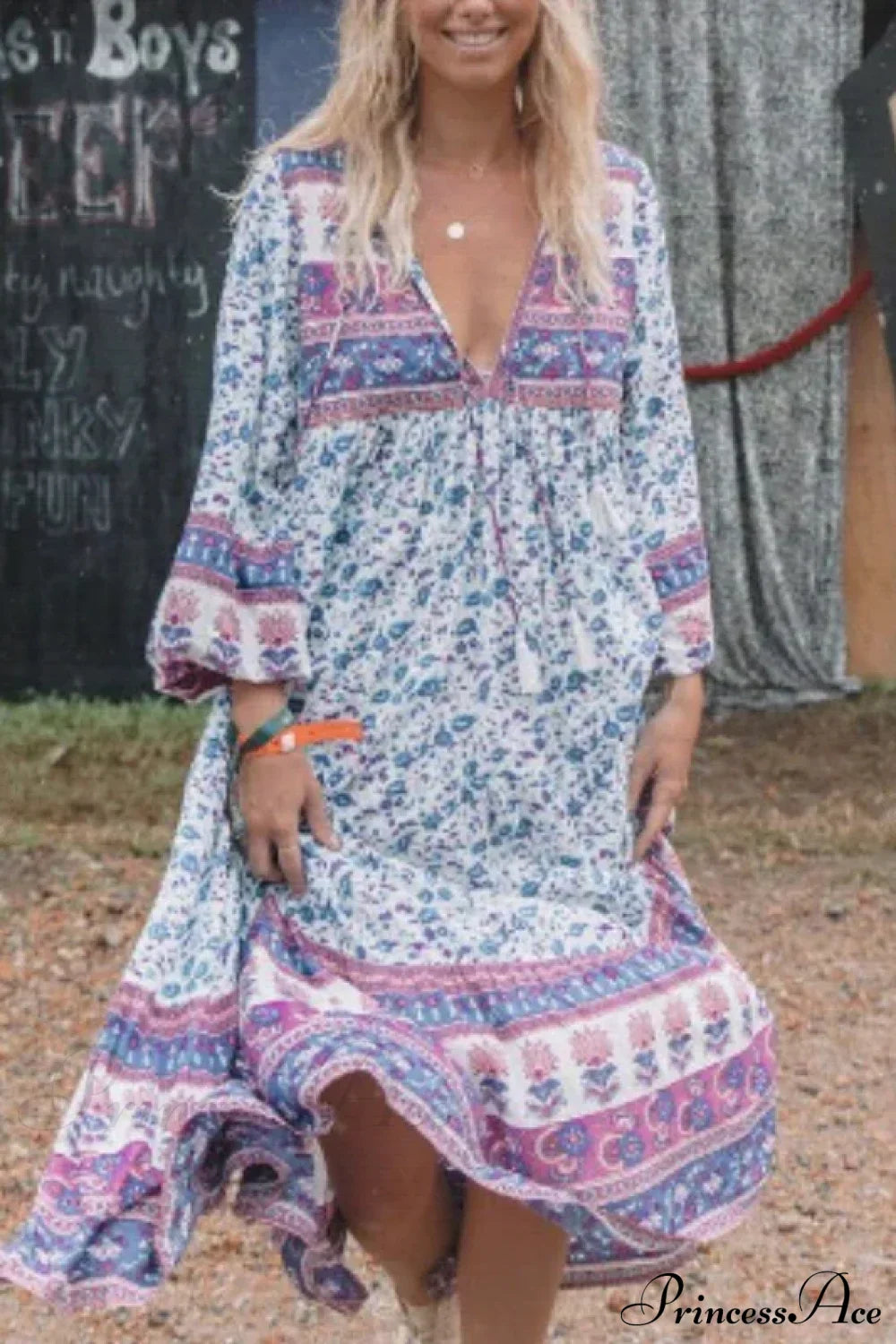 Floral Print Long Sleeve Tassel Loose V-neck Rayon Boho Midi Dress purple / S bohodress-250126