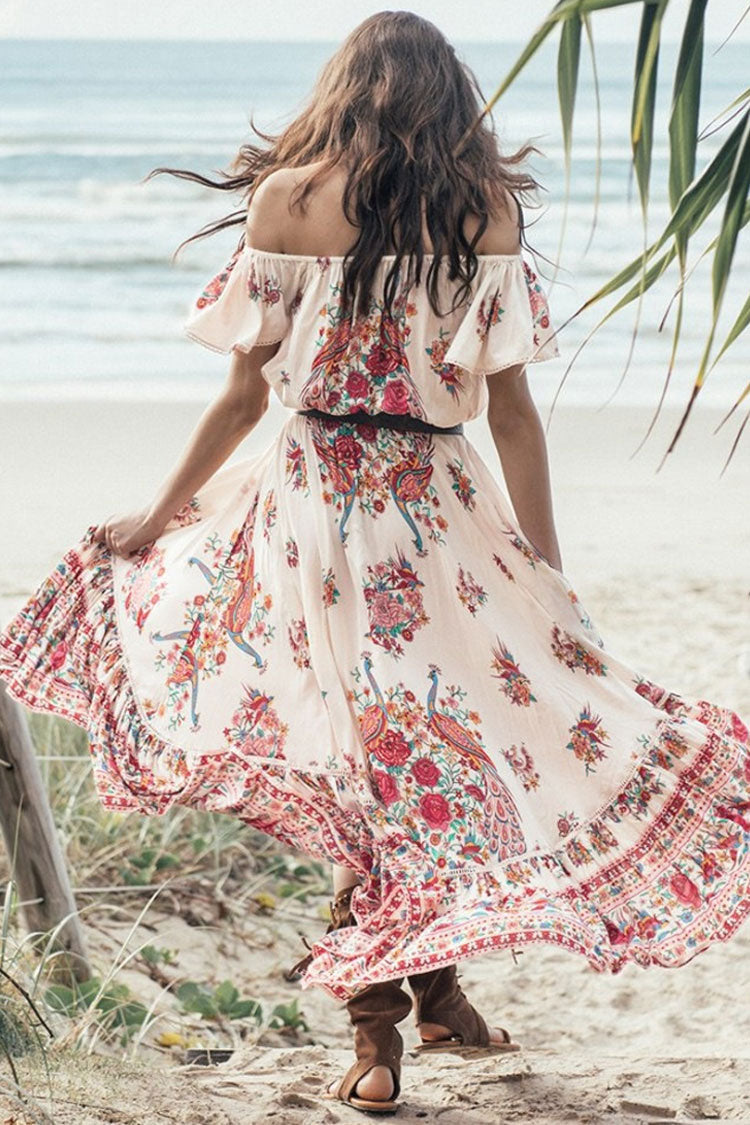 Floral Off Shoulder Ruffle High-Low Boho Maxi Dress 3