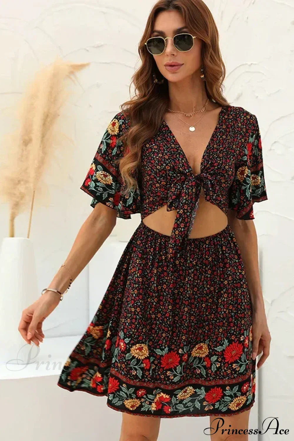 Floral Print Rayon Cotton Deep V-neck Hollow Out Mini Boho Dress Black / M bohodress-250126