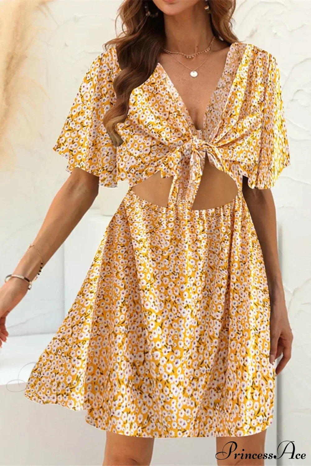 Floral Print Rayon Deep Bow Neck Short Sleeve Sexy Hollow Out Mini Boho Dress Yellow / M bohodress-250126