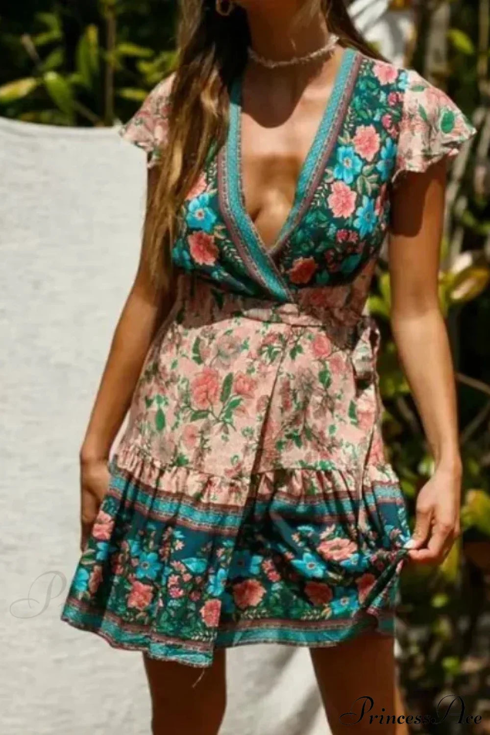 Floral Print Rayon Wrap Short Sleeve Sexy Vacation Mini Boho Dress Beige / S bohodress-250126