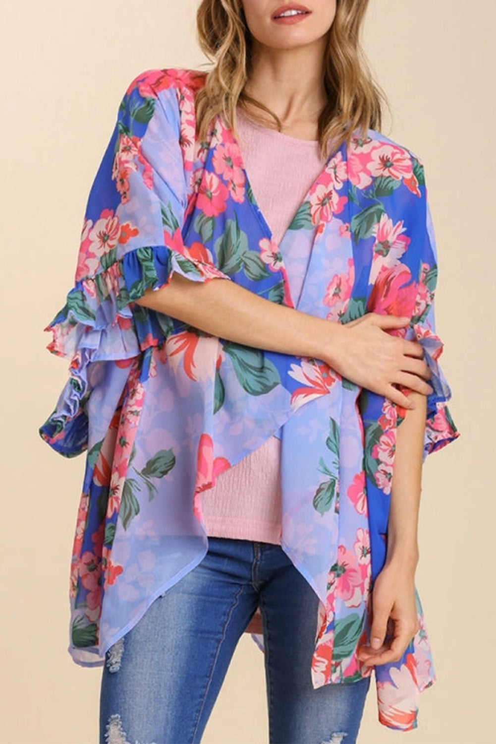 Floral Print Ruffled 3/4 Sleeve Loose Fit Kimono Fashionpara