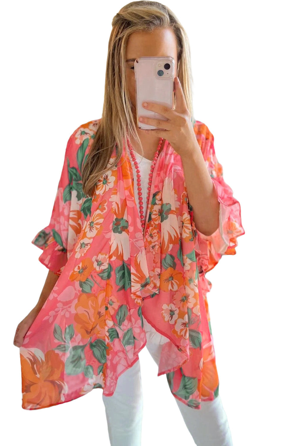 Floral Print Ruffled 3/4 Sleeve Loose Fit Kimono Fashionpara