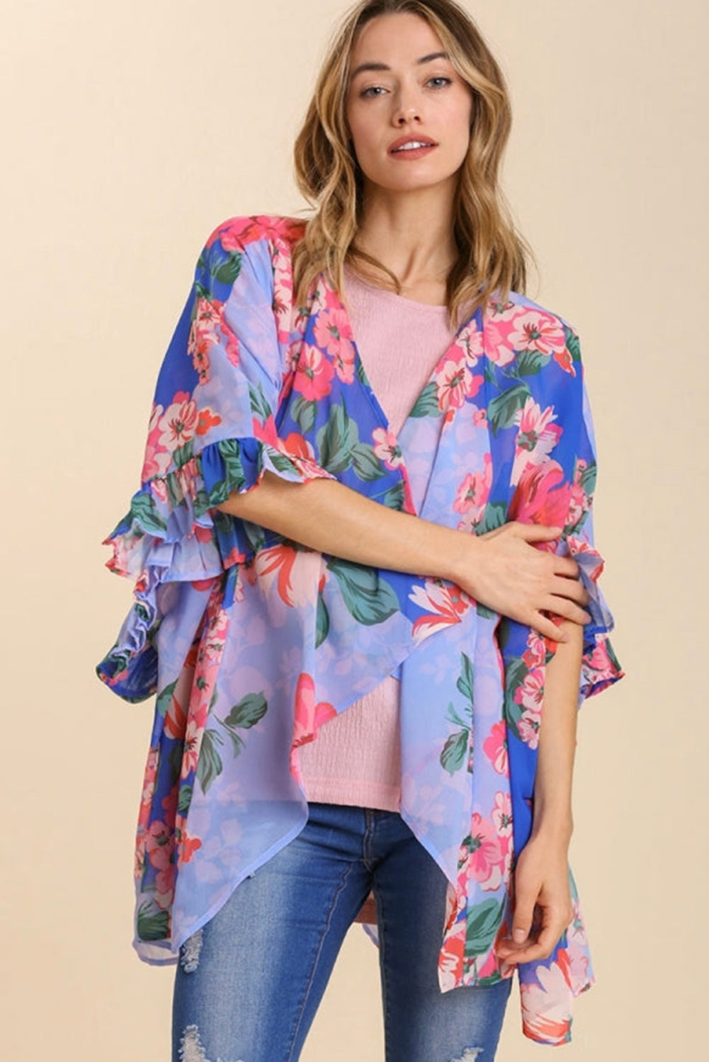 Floral Print Ruffled 3/4 Sleeve Loose Fit Kimono Fashionpara