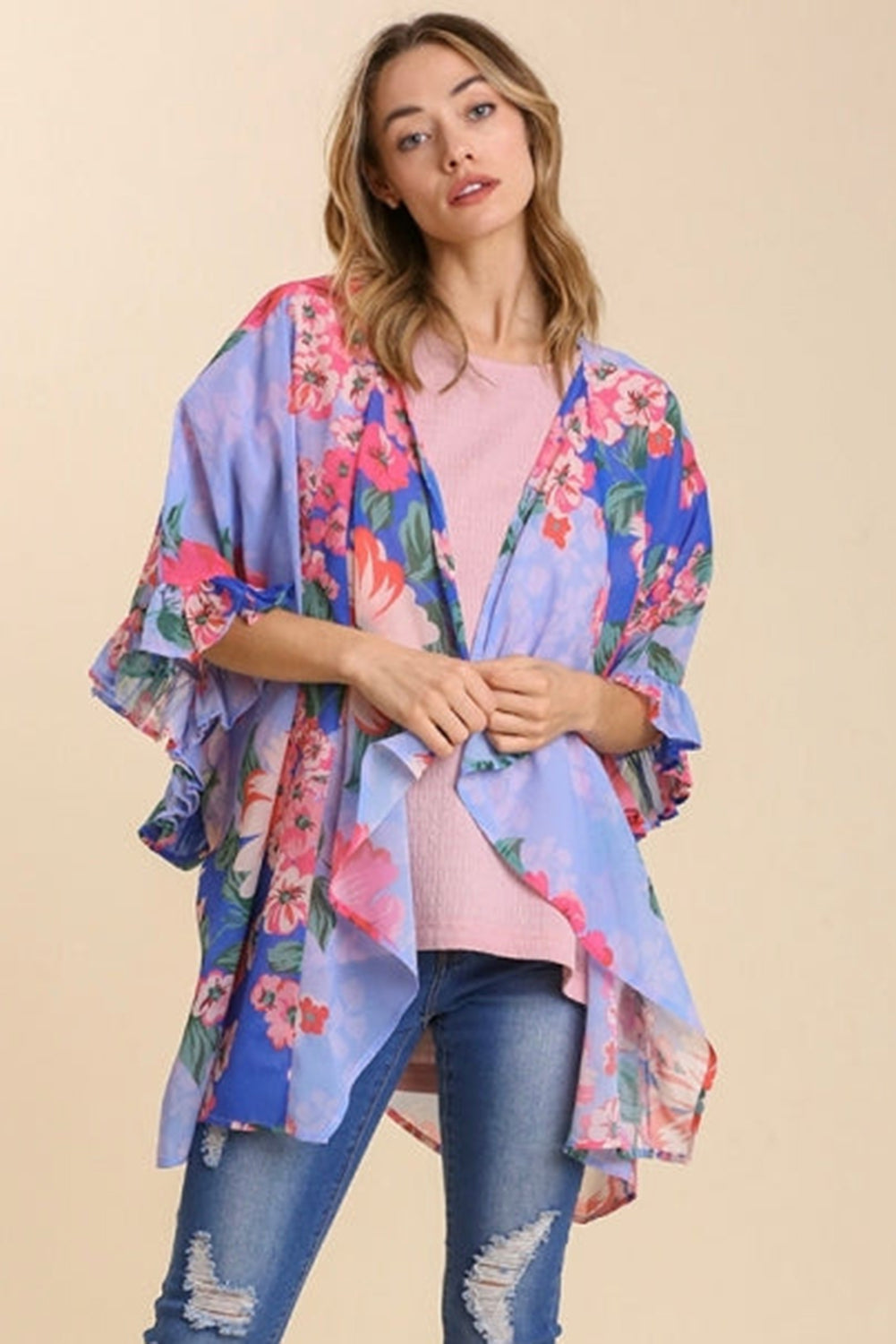Floral Print Ruffled 3/4 Sleeve Loose Fit Kimono Fashionpara