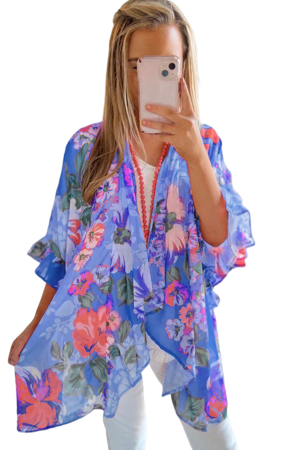 Floral Print Ruffled 3/4 Sleeve Loose Fit Kimono Fashionpara