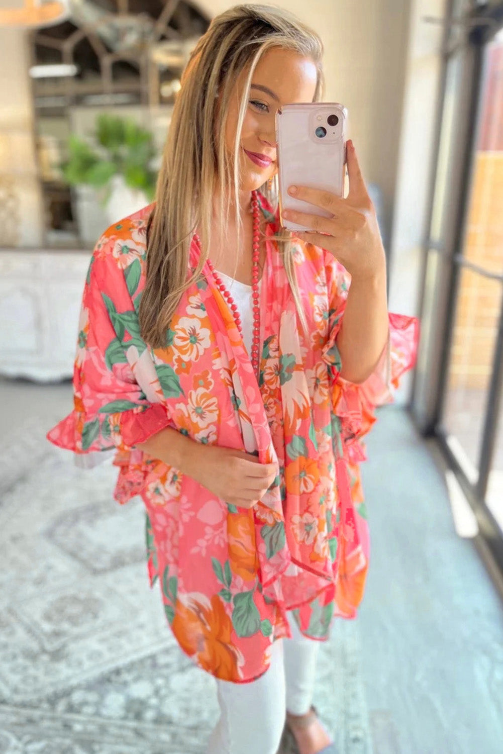 Floral Print Ruffled 3/4 Sleeve Loose Fit Kimono Fashionpara